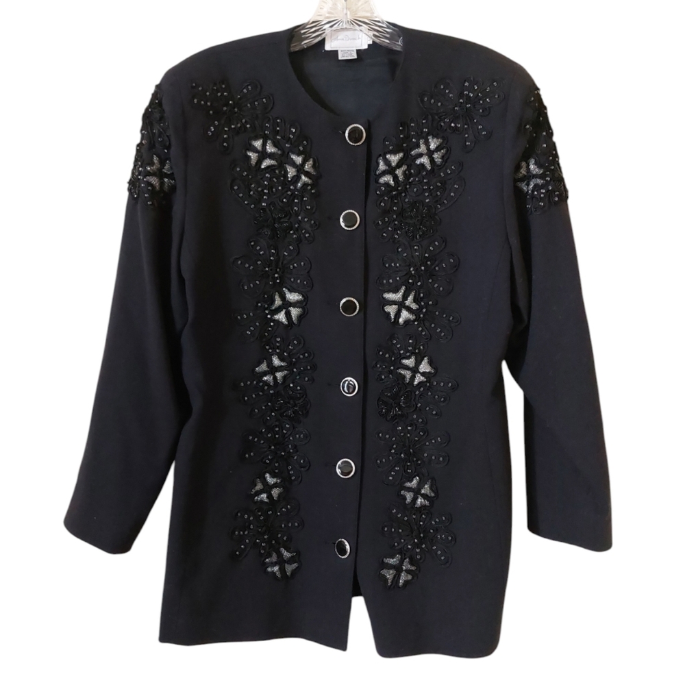 Vintage 90s Anne French Beaded Embellished 100% Wool Longline Suit Jacket Blazer